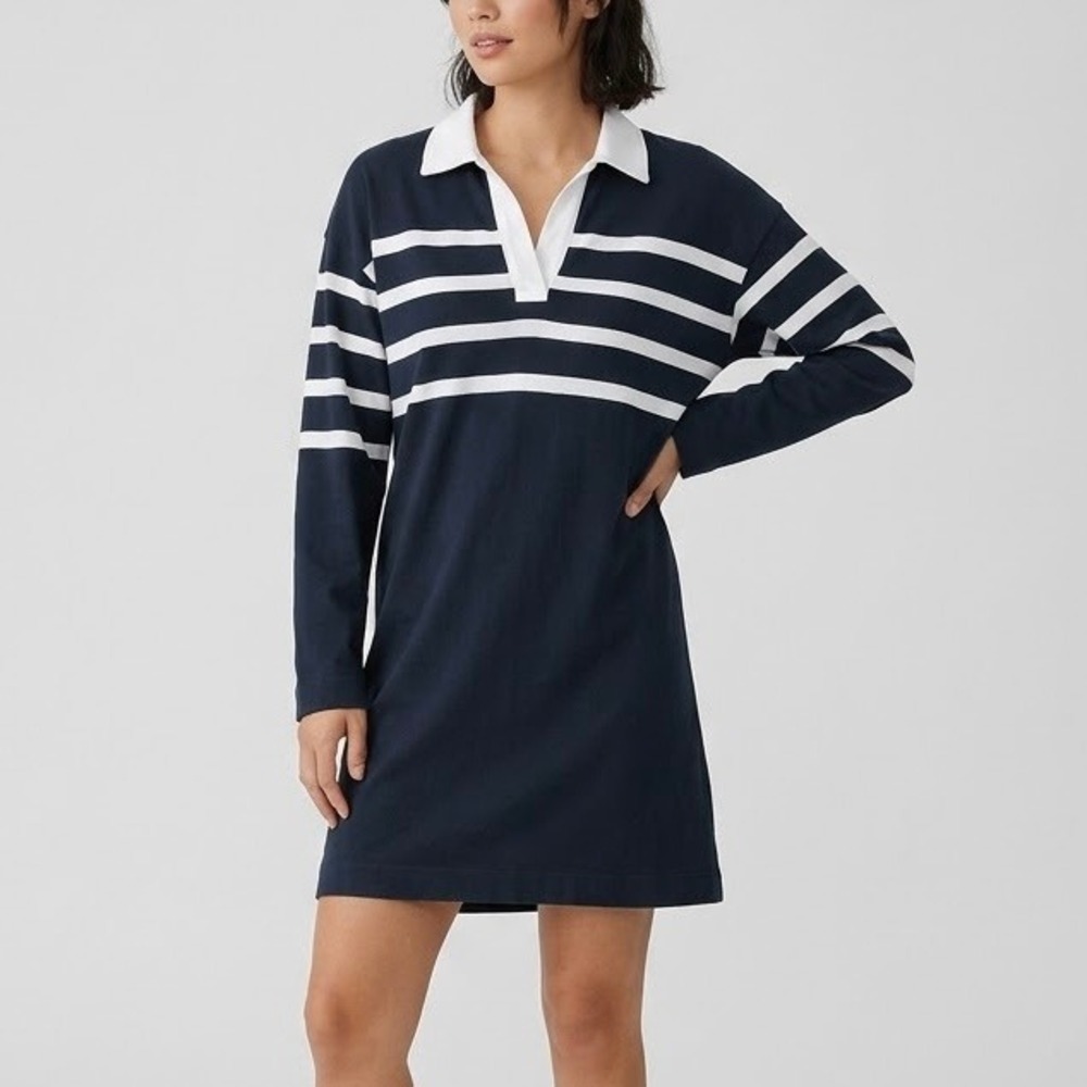 Faherty Rugby Jersey Mini Dress 100% Cotton Navy Blue White Stripe Size Medium